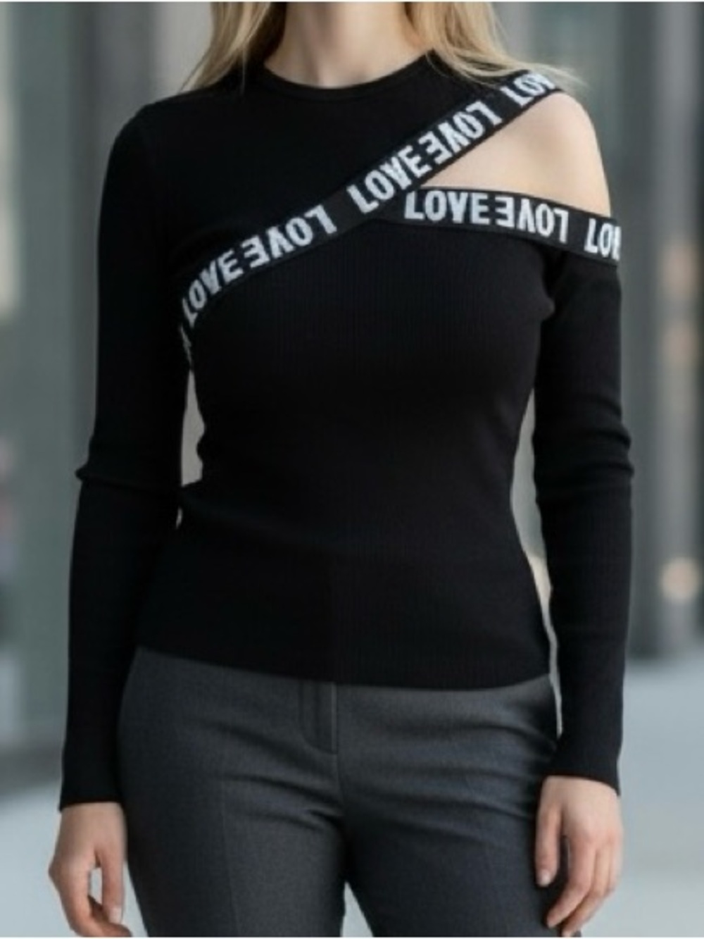 Simmly “Love on my Sleeve" Cutout Ribbed Top  Black With White Lettering Medium